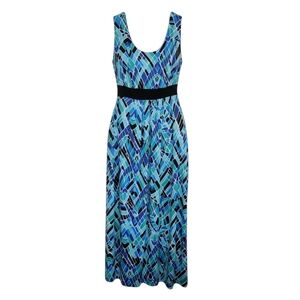 Susan Graver Sz 1X Liquid Knit Maxi Dress Mosaic Travel Resortwear Blue Green